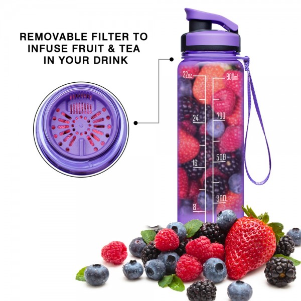 Elvira 32oz Large Water Bottle with Motivational Time Marker & Removable Strainer,Fast Flow BPA Free Non-Toxic for Fitness, Gym and Outdoor Sports-Purple